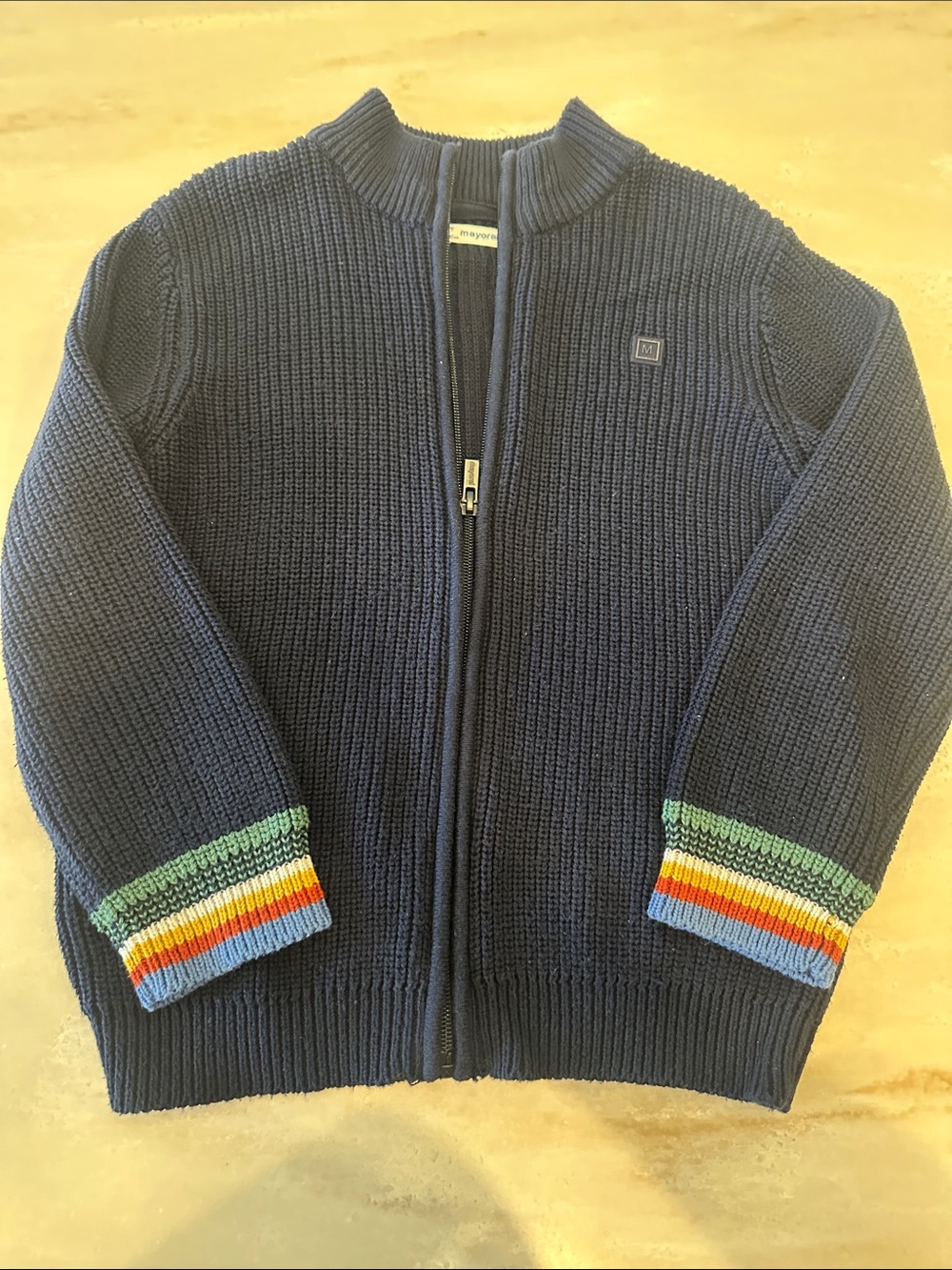 Kids Navy Zip Front Knit Sweater with Rainbow Cuff Stripes